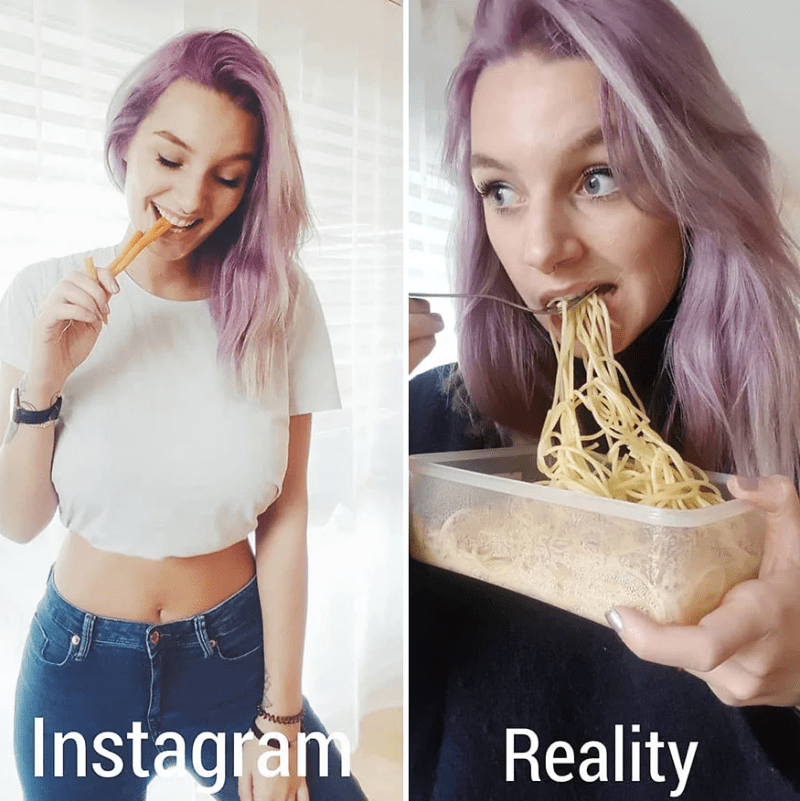 Žena ukazuje rozdíl mezi fotkami na Instagramu a realitou 5