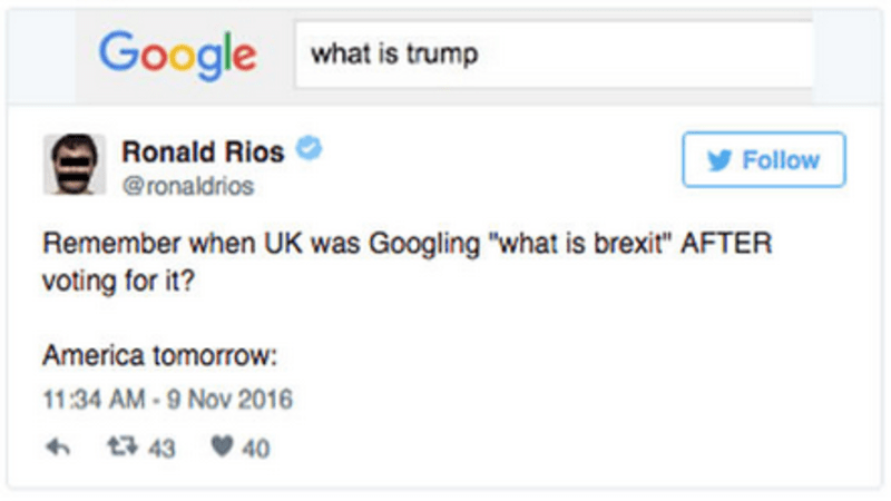 Pamatujete, jak nejvyhledávanější frází den po Brexitu bylo "co je brexit?" Amerika zítra: "Co je trump?"