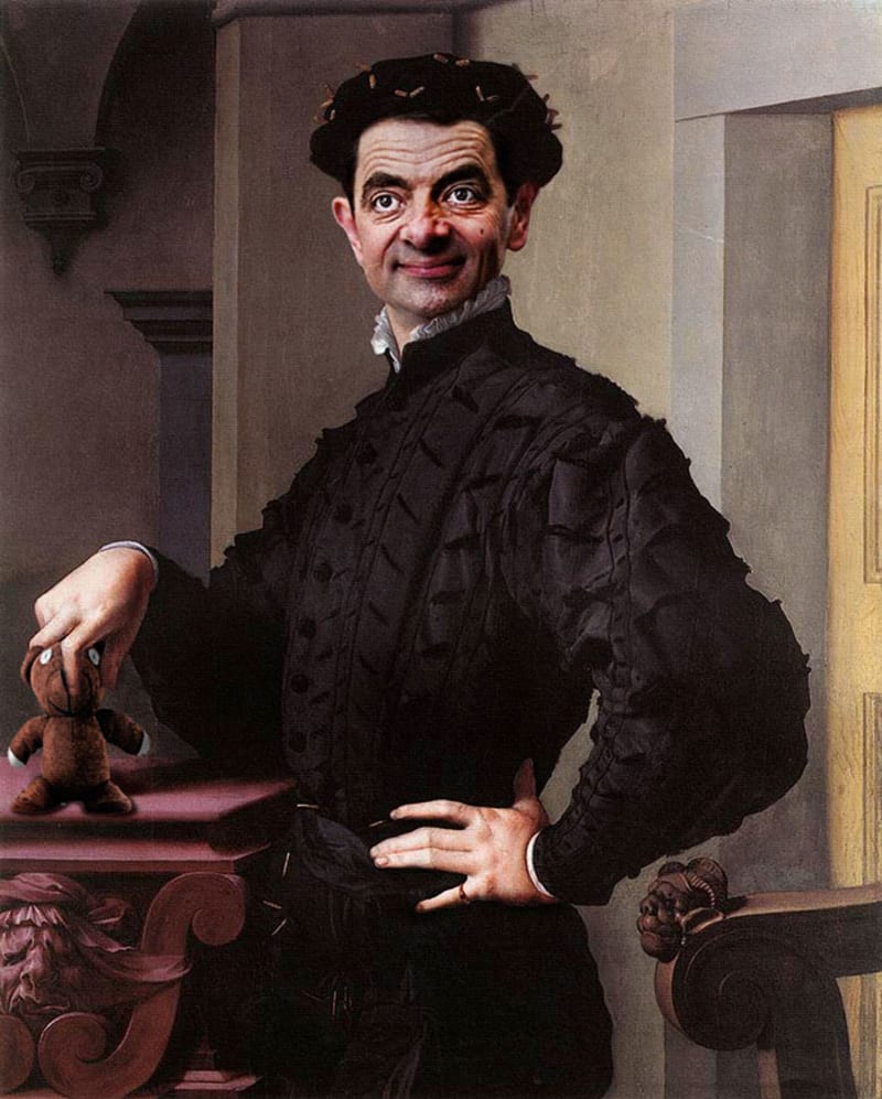 Mr. Bean digitálně zapracovaný do historických portrétů... Původně "Portrét mladého muže s knihou" Agnolo Bronzina