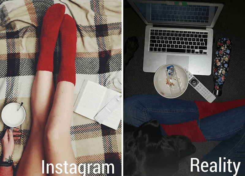 Žena ukazuje rozdíl mezi fotkami na Instagramu a realitou 15