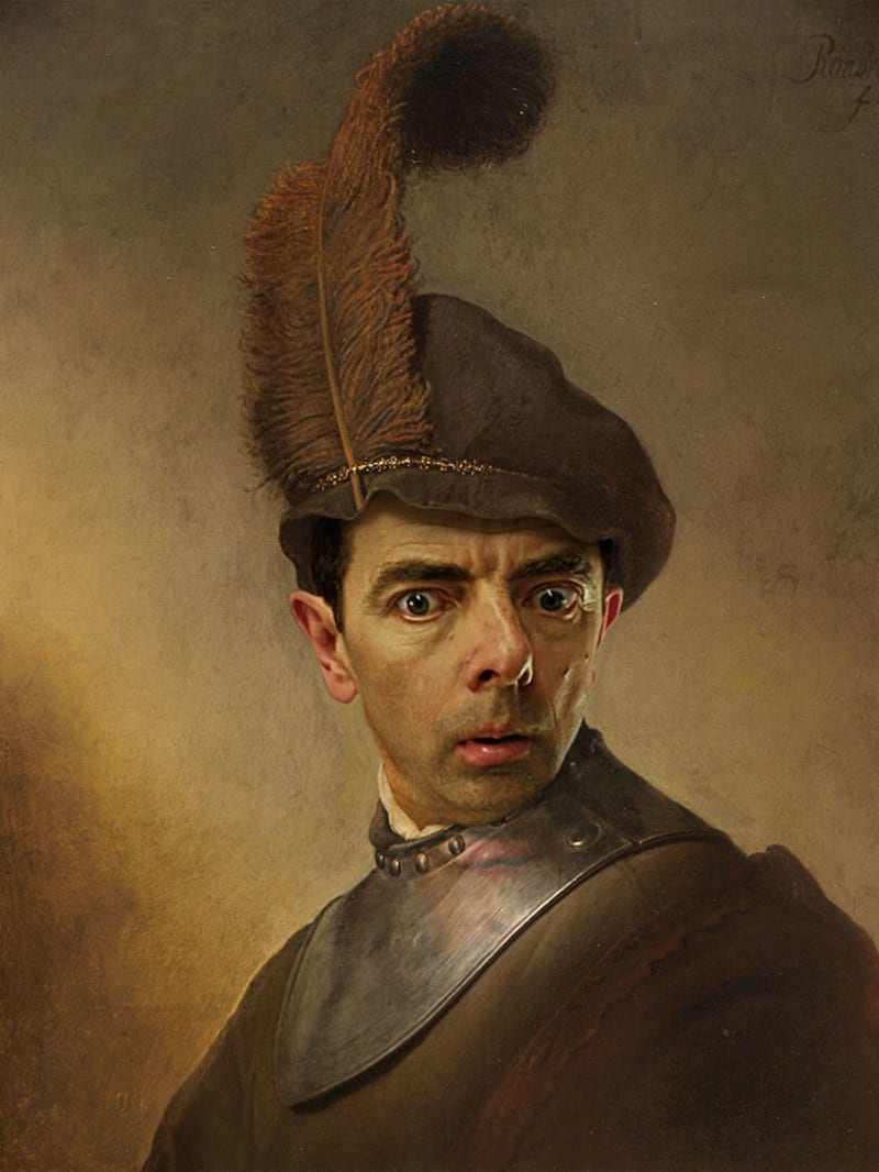 Mr. Bean digitálně zapracovaný do historických portrétů... “Starý muž ve vojenském kostýmu " Rembrandt van Rijn