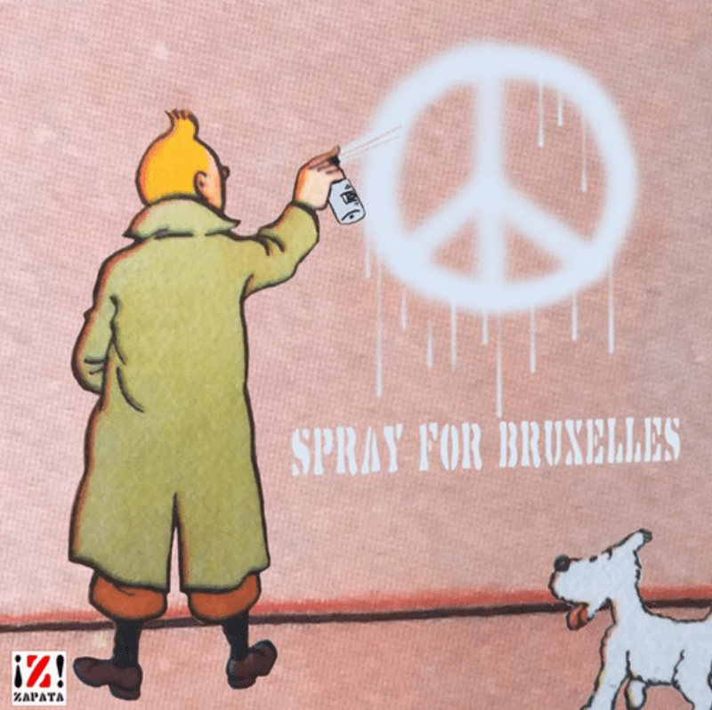 Tintin sprejuje a (modlí se) se za Brusel.