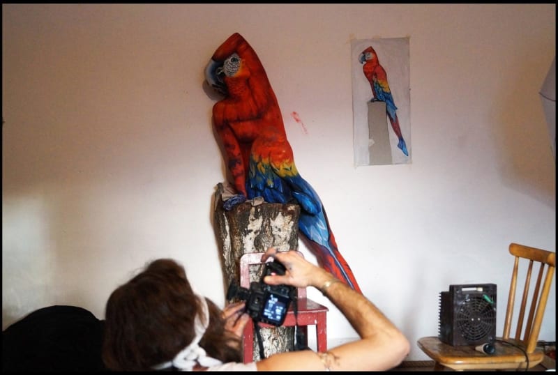 Ohromující dílo na kterém je modelka s nataženou nohou, ze které se stal papoušek