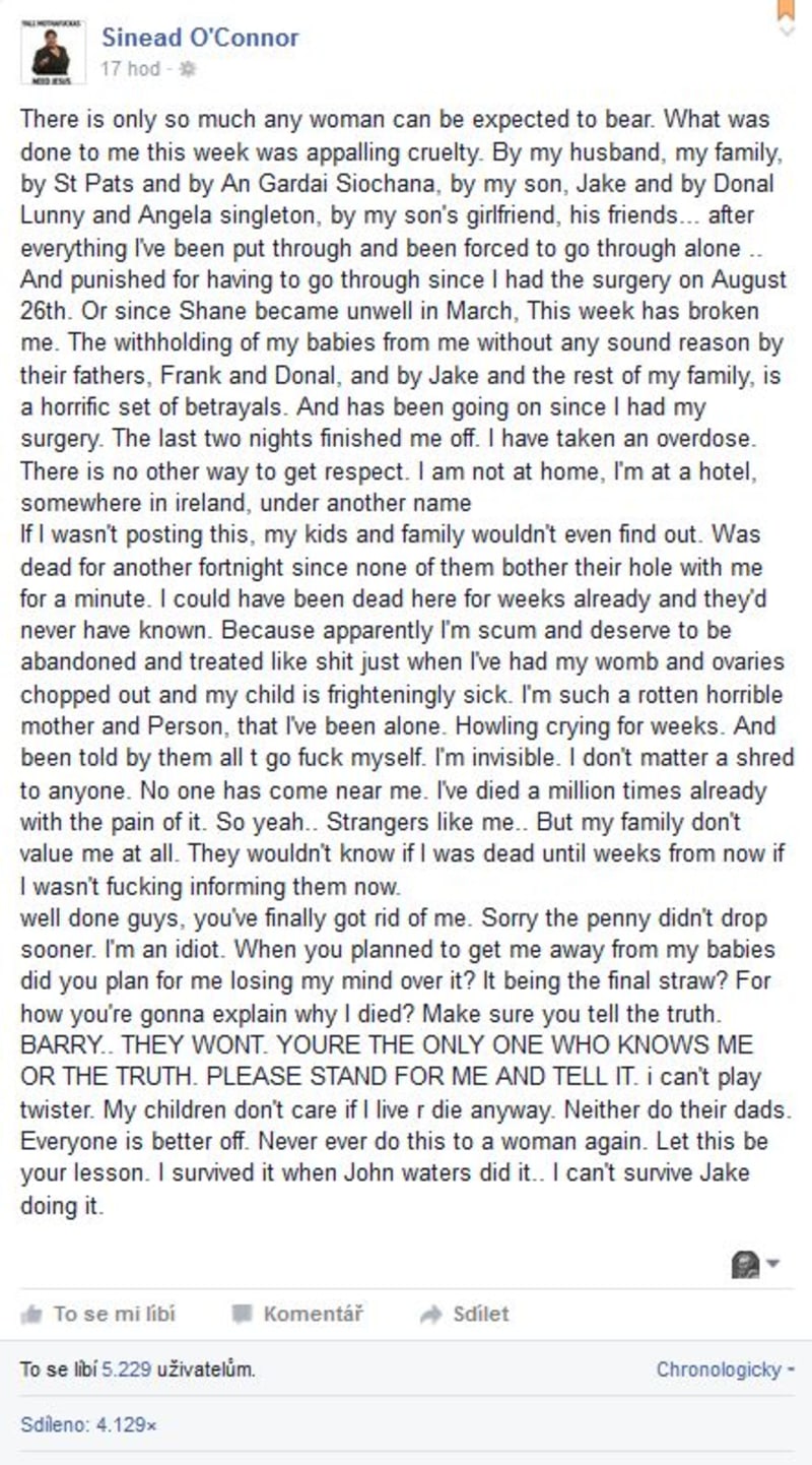 Text dopisu na rozloučenou, který zpěvačka uveřejnila na Facebooku.