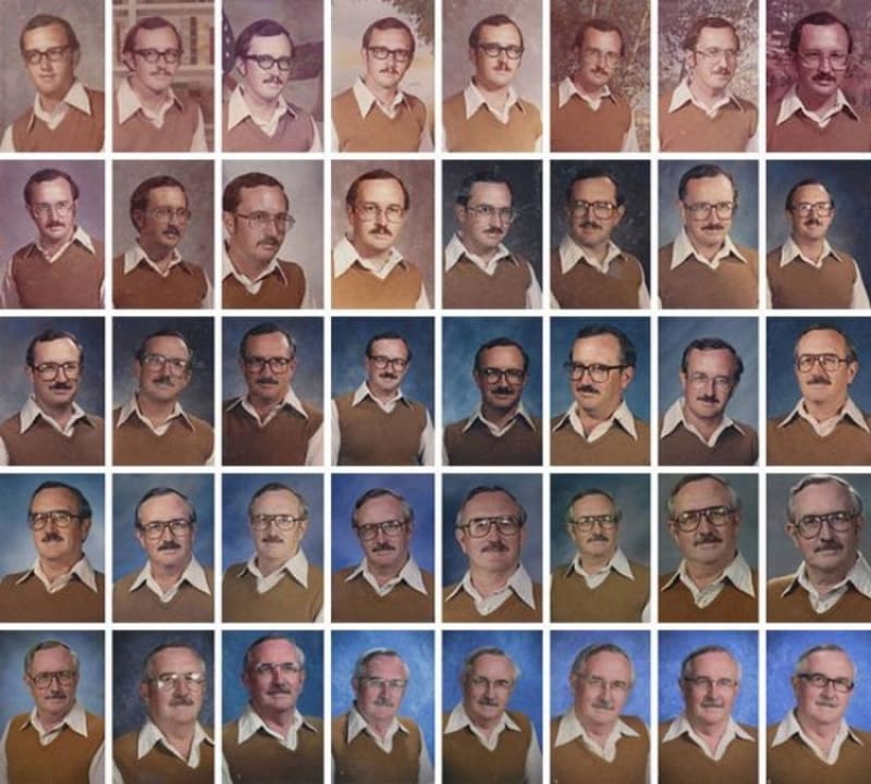 Učitel se fotil do ročenký 40 let v tom samém oblečení.