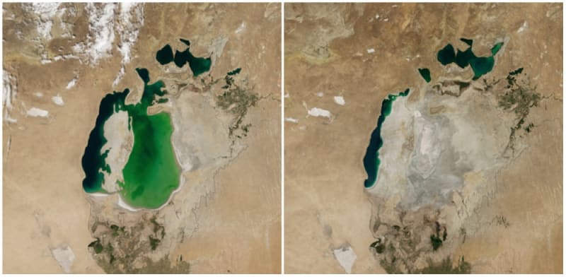 Aralské jezero, střední Asie, 2000 a 2014
