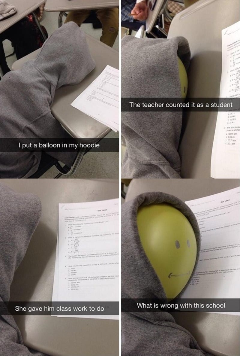 Tento student místo sebe narafičil balón. Učitel se nenechal rozhodit a stejně dal figuríně napsat písemku.