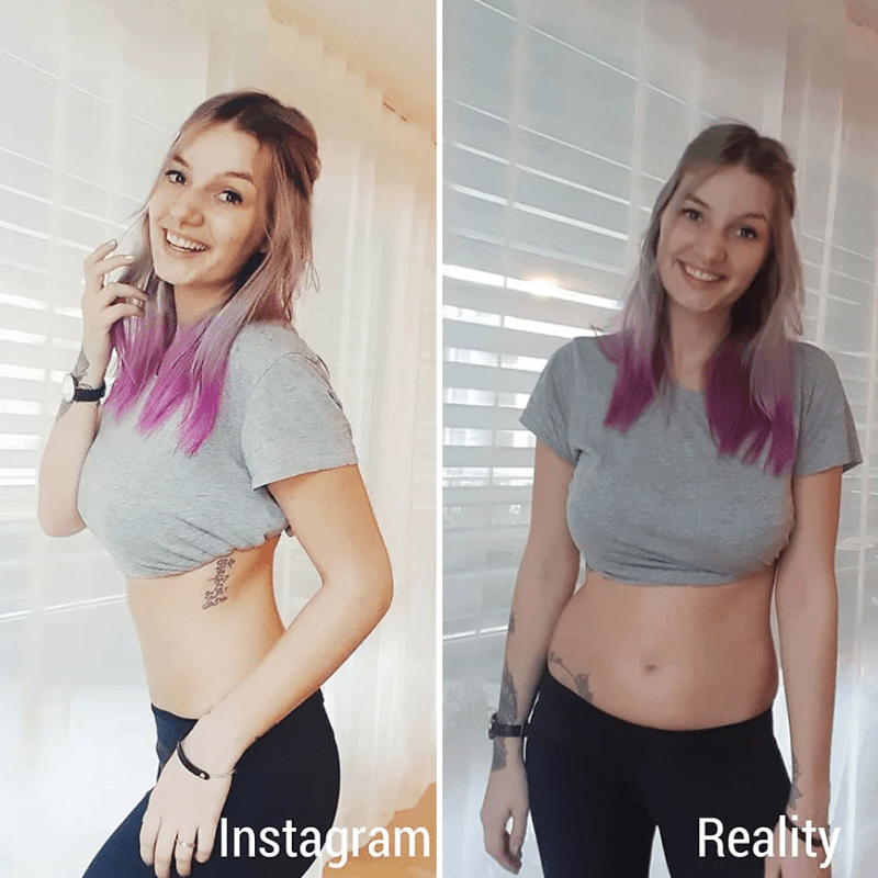 Žena ukazuje rozdíl mezi fotkami na Instagramu a realitou 9
