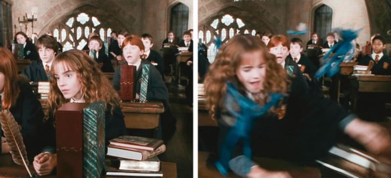 Když profesor Lockhart vypustil z klece rarachy, Hermiona okamžitě shodila své knihy na zem, aby je tvořečci nezničili