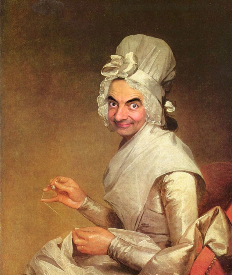 Mr. Bean digitálně zapracovaný do historických portrétů... Původně “Mrs. Richard Yates” od Gilberta Stuarta