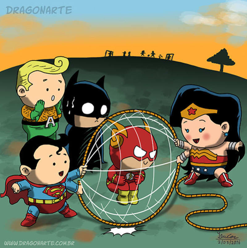 Ilustrace znázorňující dětství superhrdinů 1