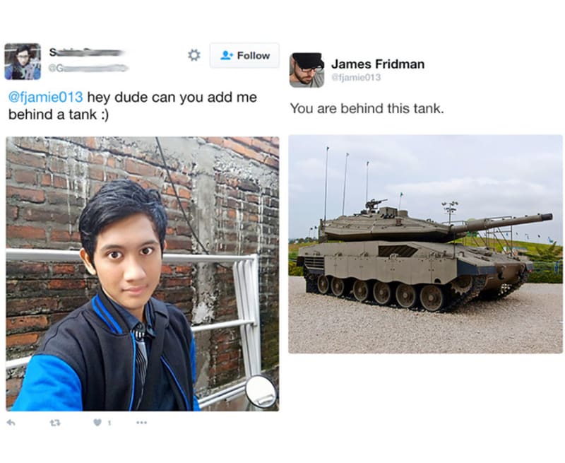 2) Chlapec chtěl stát za tankem.
