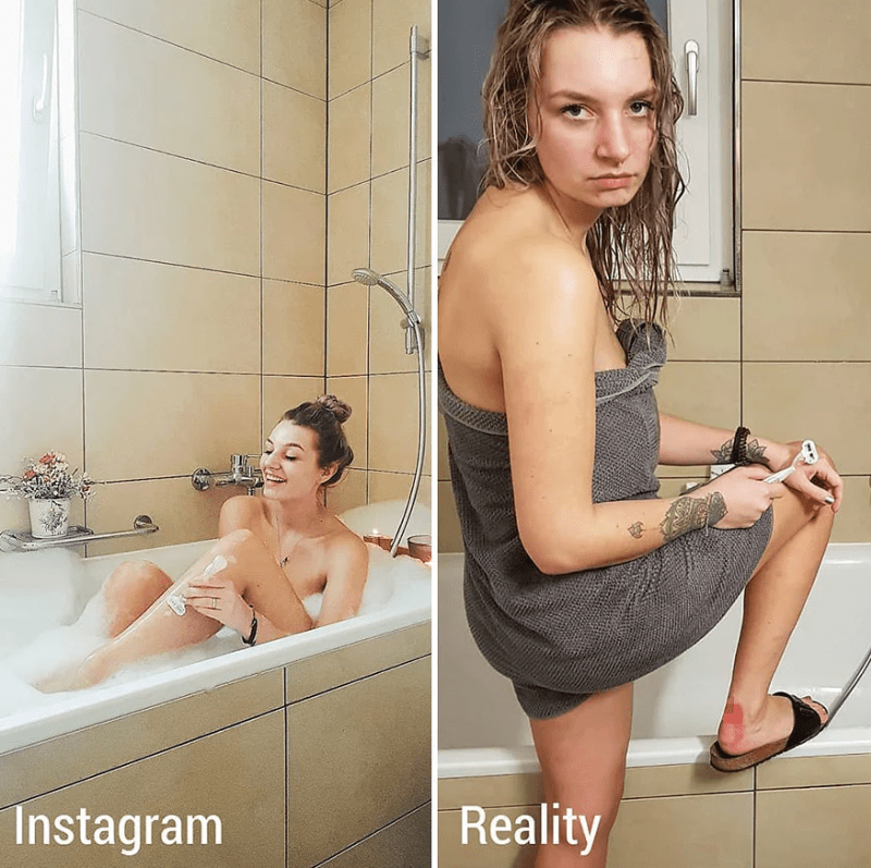Žena ukazuje rozdíl mezi fotkami na Instagramu a realitou 4