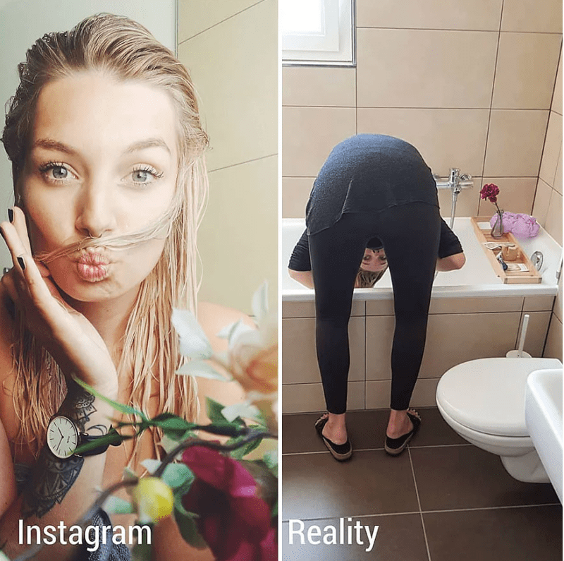 Žena ukazuje rozdíl mezi fotkami na Instagramu a realitou 14