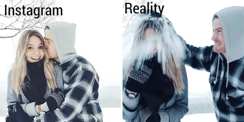 Žena ukazuje rozdíl mezi fotkami na Instagramu a realitou 3