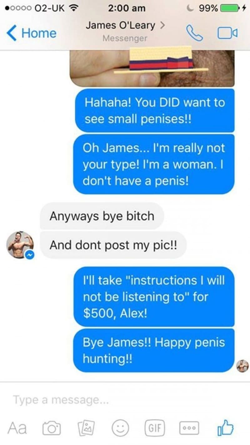 Začne mu tedy posílat fotky malých penisů.