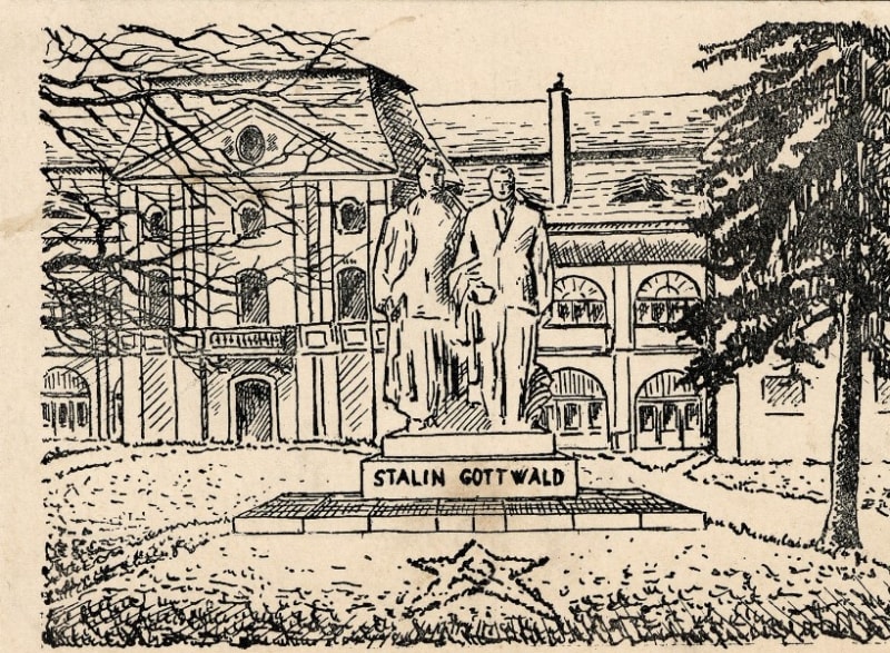 Pohlednice vydaná u příležitosti postavení pomníku Stalinovi a Gottwaldovi ve městě Odry.