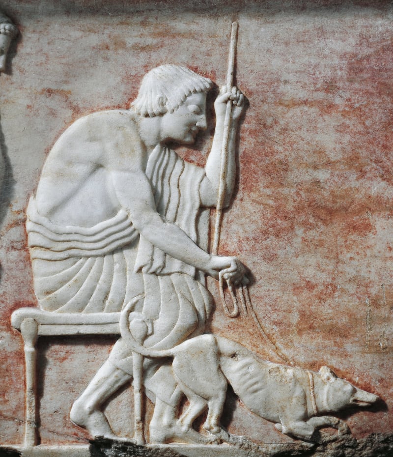 Reliéf z nekropole v athénské čtvrti Kerameikos zobrazující psa na vodítku, 510 před naším letopočtem