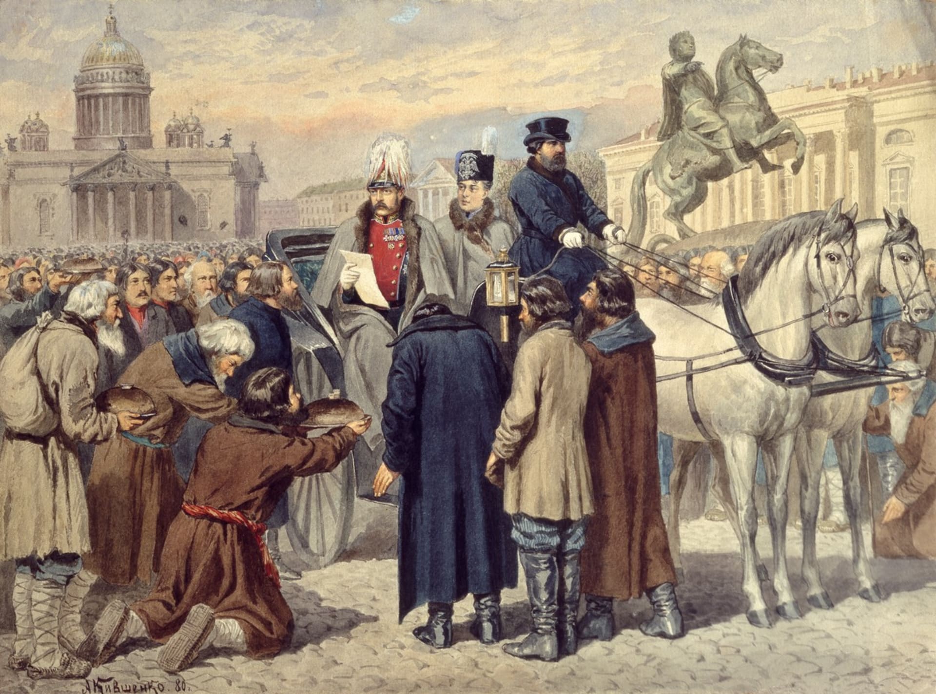 Alexandr II. čte na náměstí v Petrohradě manifest o zrušení nevolnictví (1861)