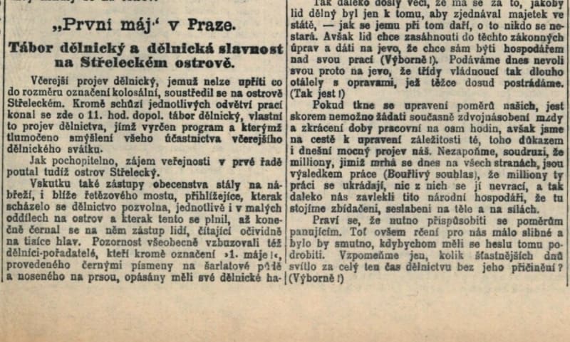 Ukázka z prvomájové reportáže v Národních listech, 2. května 1890. 