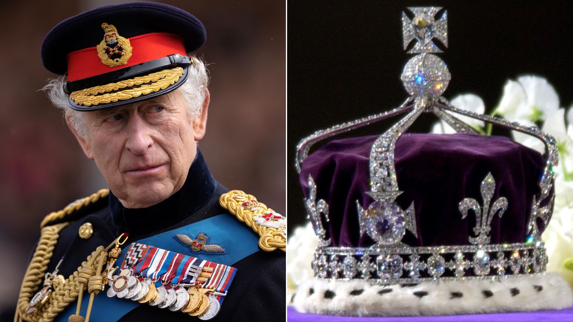 Král Karel III. a koruna s diamantem Koh-i-Noor