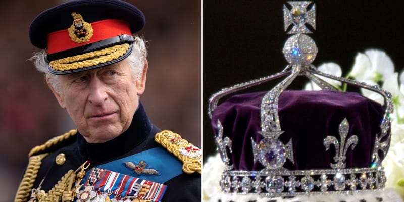 Král Karel III. a koruna s diamantem Koh-i-Noor