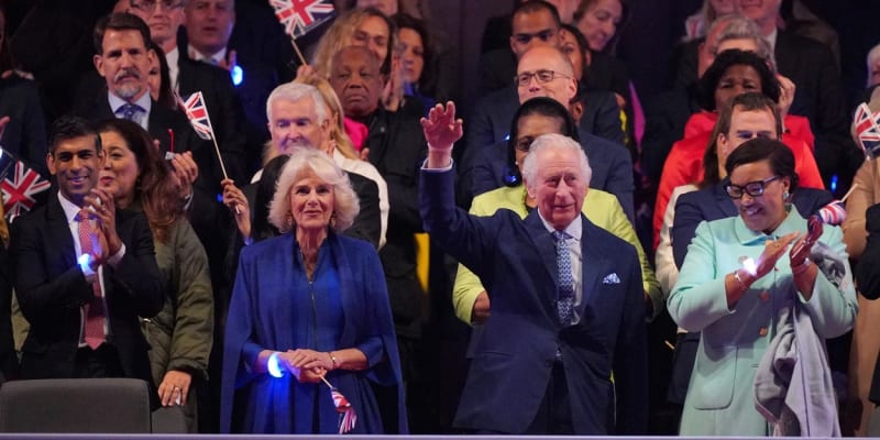 Král Karel III. a královna manželka Camilla na korunovačním koncertu (7. 5. 2023)