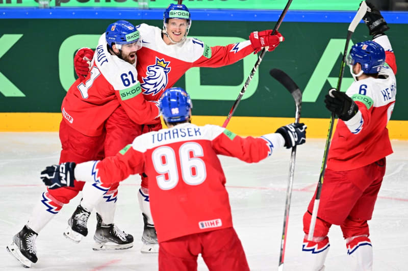 Čeští hokejisté v duelu se Slovinci.
