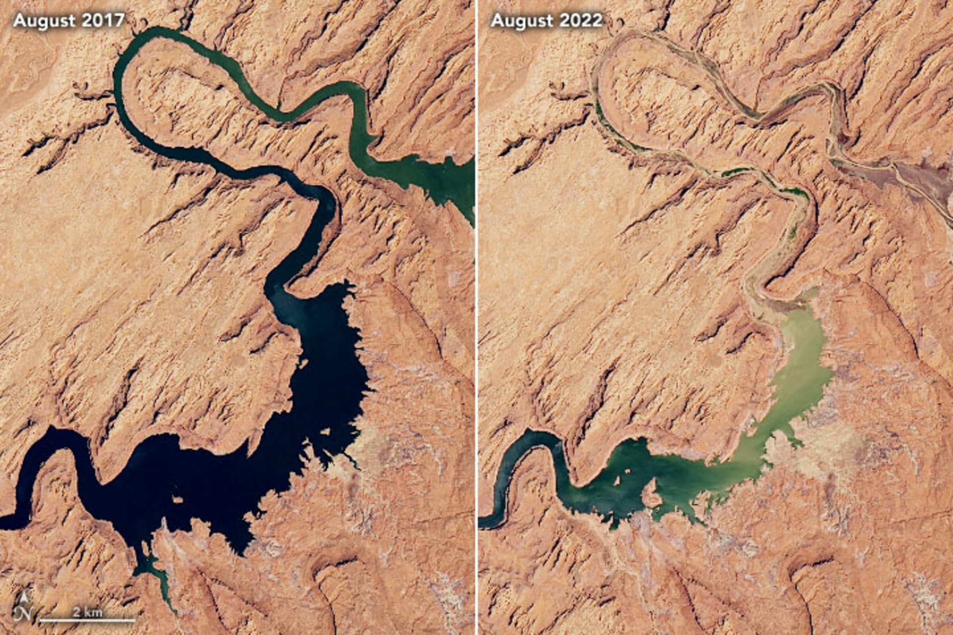Vysychání americké nádrže Lake Powell mezi lety 2017 a 2022