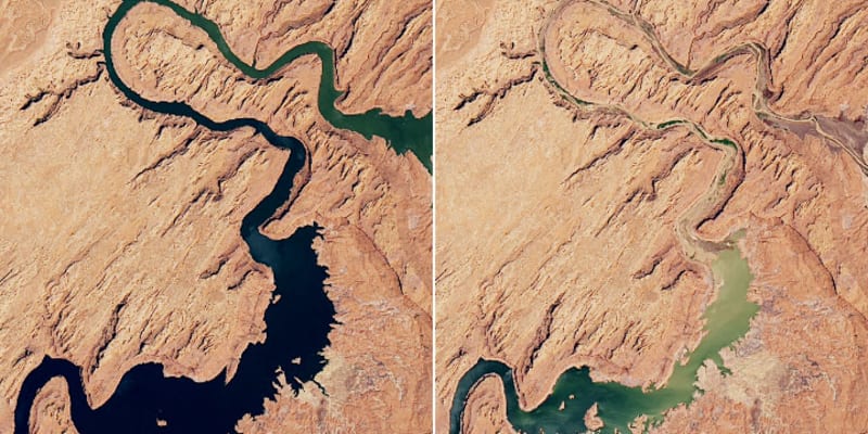 Vysychání americké nádrže Lake Powell mezi lety 2017 a 2022