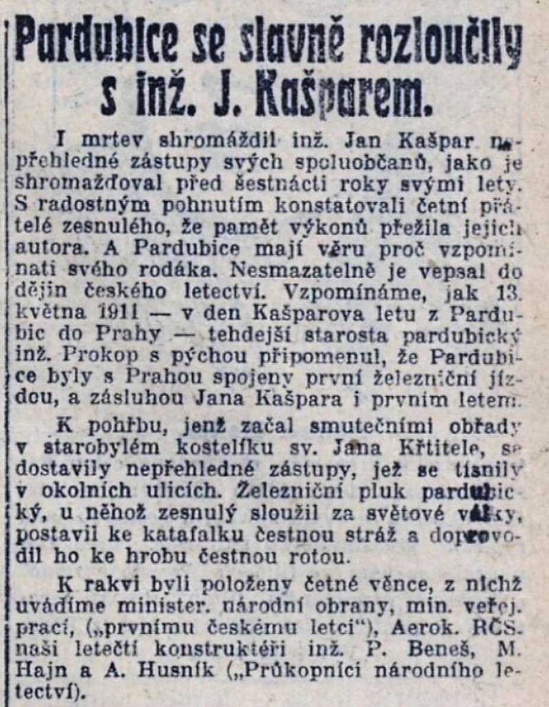 Národní listy o pohřbu Jana Kašpara v roce 1927.