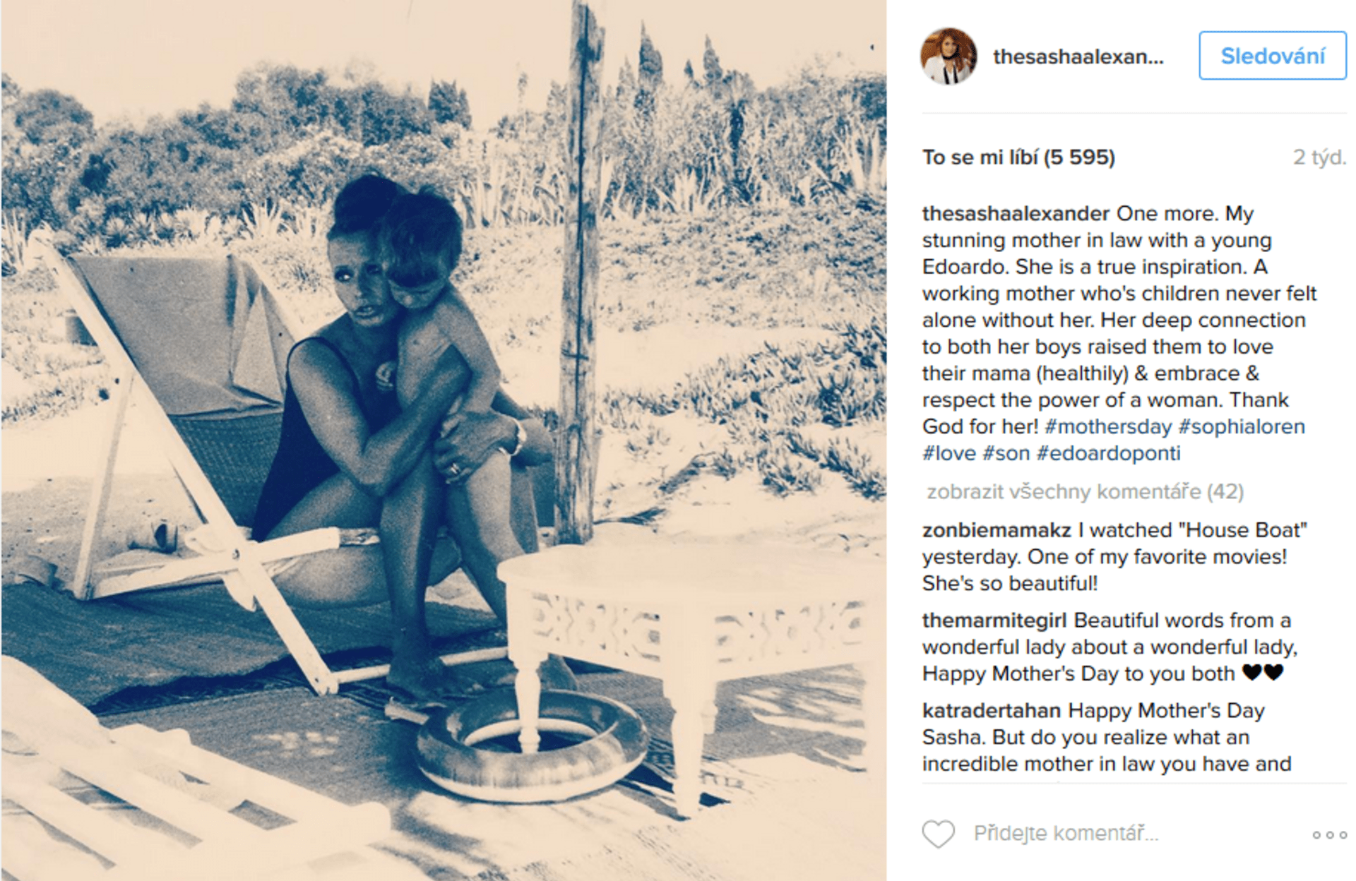 Sasha se podělila o fotku své slavné tchýně Sophie Lorenové