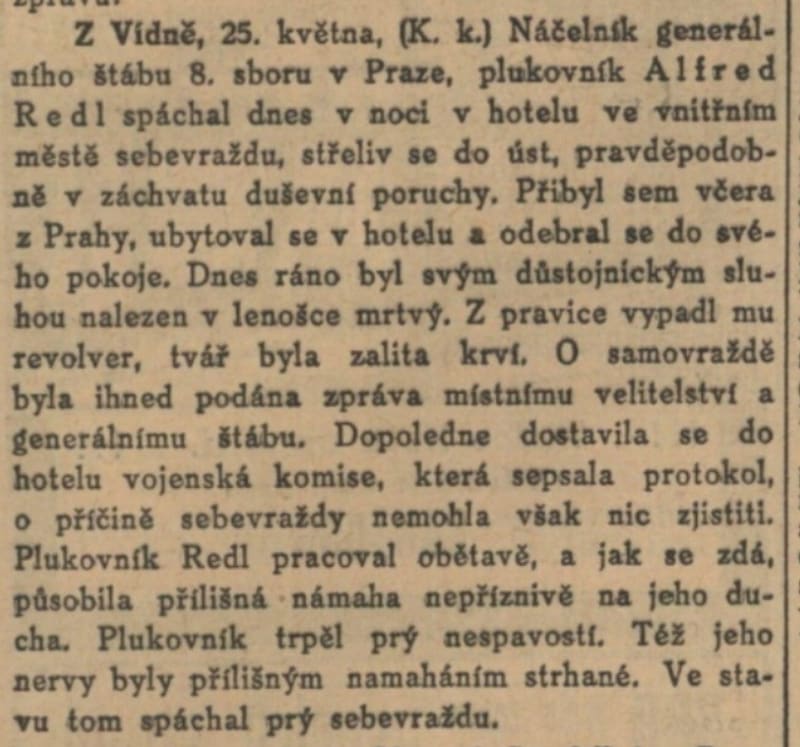 Národní listy z 26. května 1913 informují o sebevraždě plukovník Redla.
