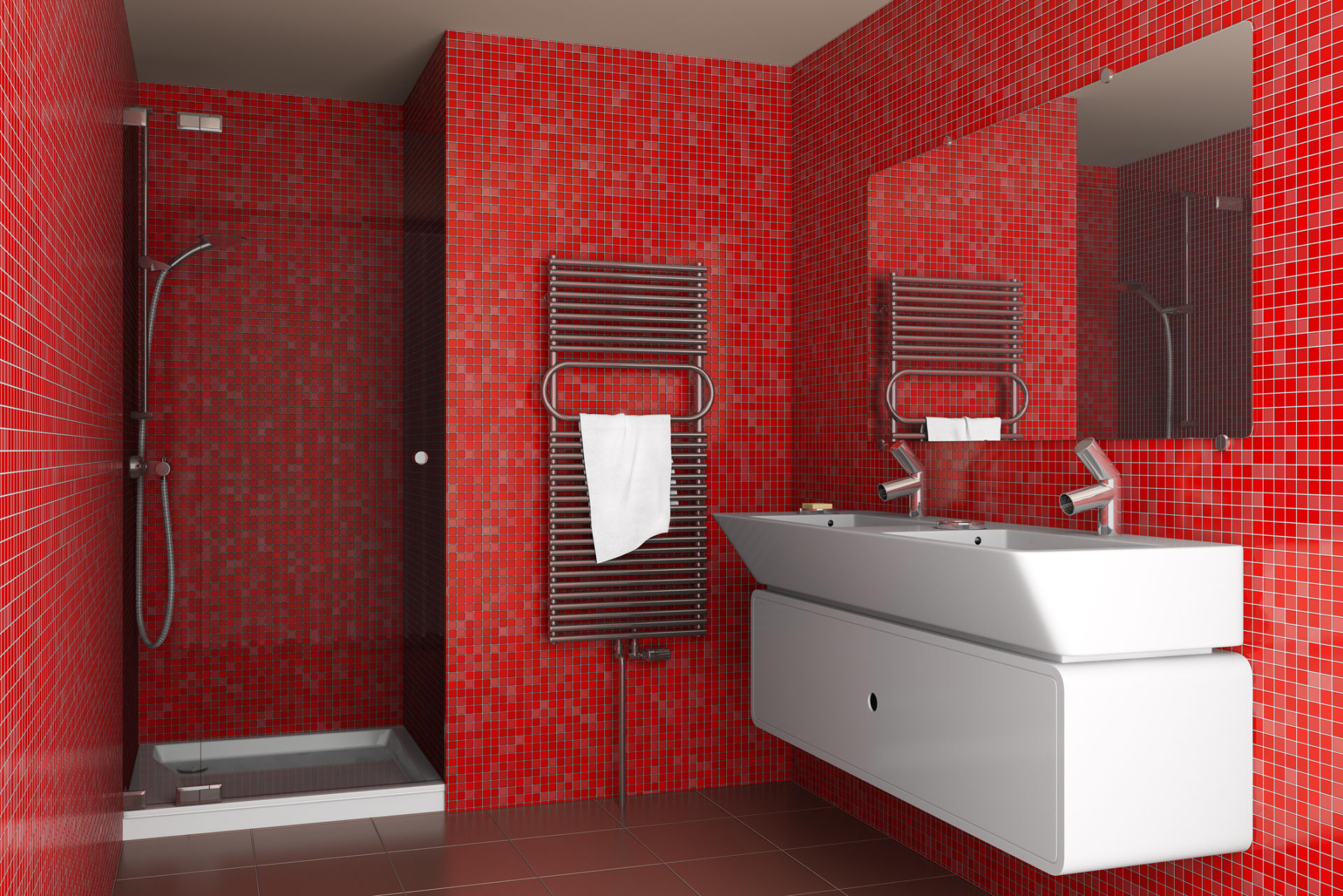 Červené obklady v koupelně vám pěkně zvednou i pocitovou teplotu vody.