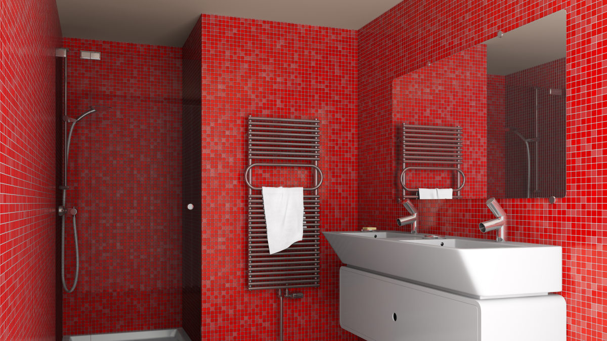 Červené obklady v koupelně vám pěkně zvednou i pocitovou teplotu vody.