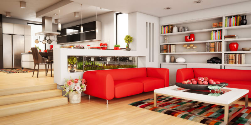 Obývací pokoj snese i větší množství červené barvy.