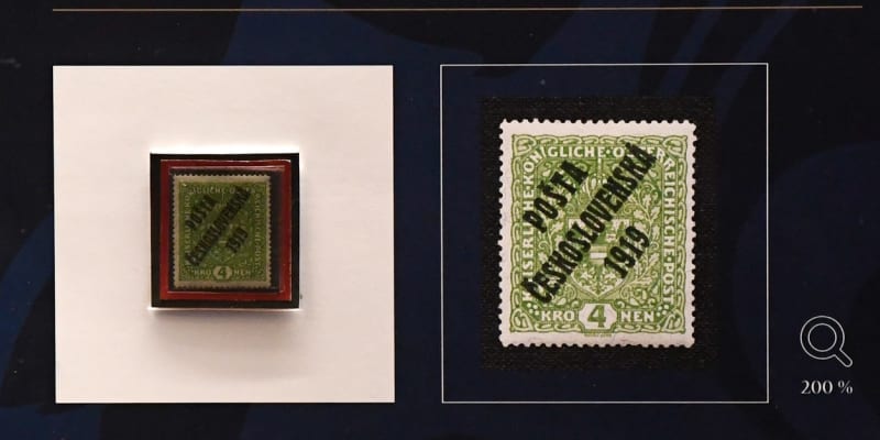 Čtyřkorunová zelená poštovní známka s černým převráceným přetiskem Pošta Československá 1919.