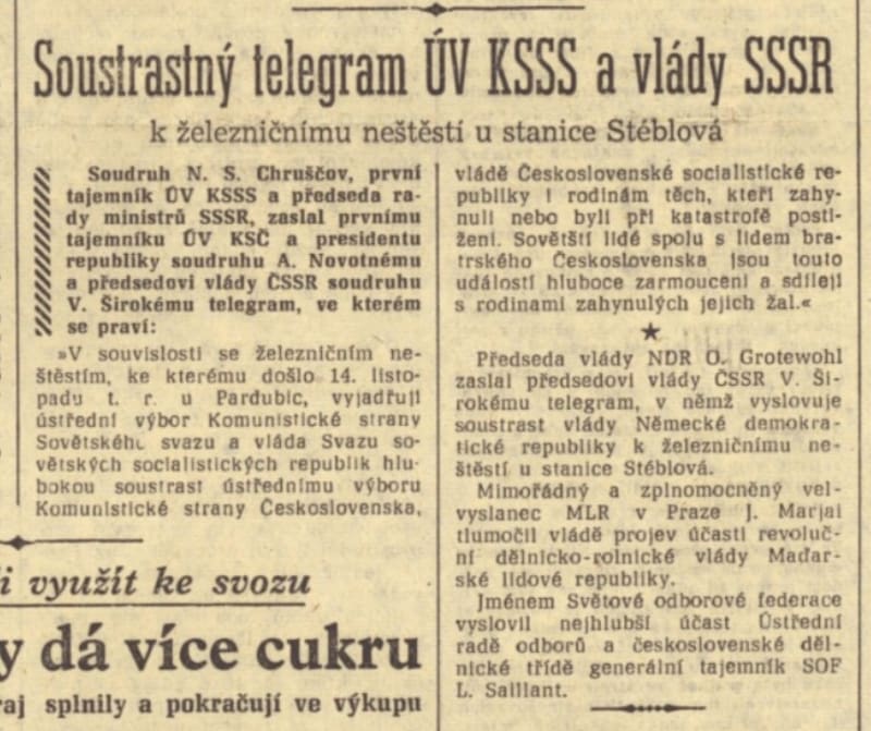 Rudé právo z 18. listopadu 1960 informuje o kondolencích k největší železniční tragédie v českých zemích.