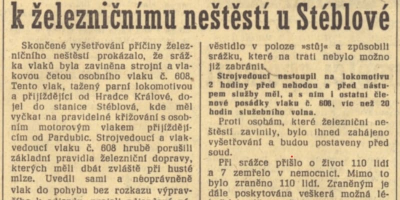 Rudé právo z 1. prosince 1960 informuje o výsledcích vyšetřování největší železniční tragédie v českých zemích.