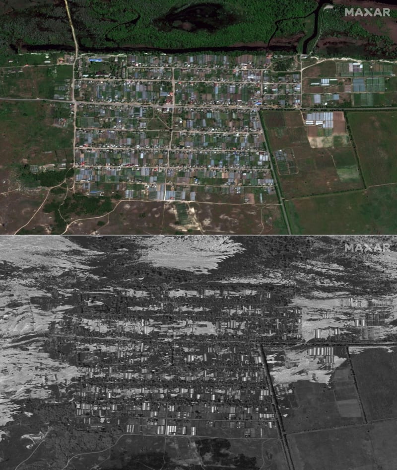 Kombinace satelitních snímků poskytnutých společností Maxar Technologies ukazuje obec Korsunka (nahoře) 15. května 2023 a stejnou oblast 6. června 2023 po zaplavení. 