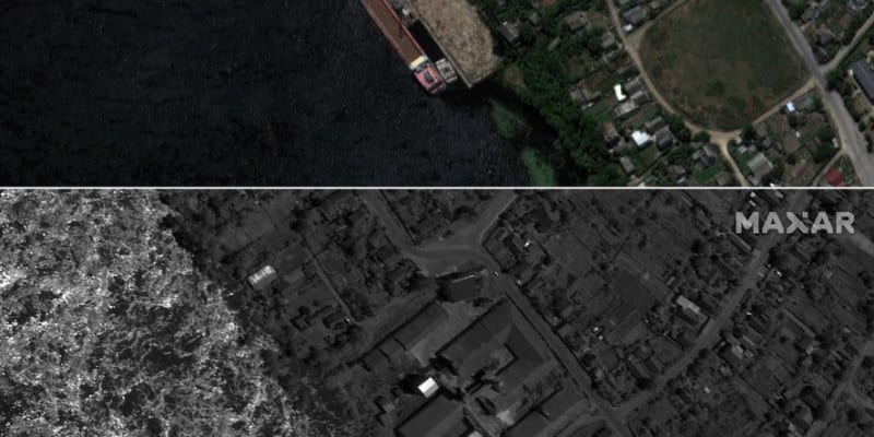 Satelitní snímky odhalují rozsah škod na Kachovské přehradě i následky po jejím zničení.