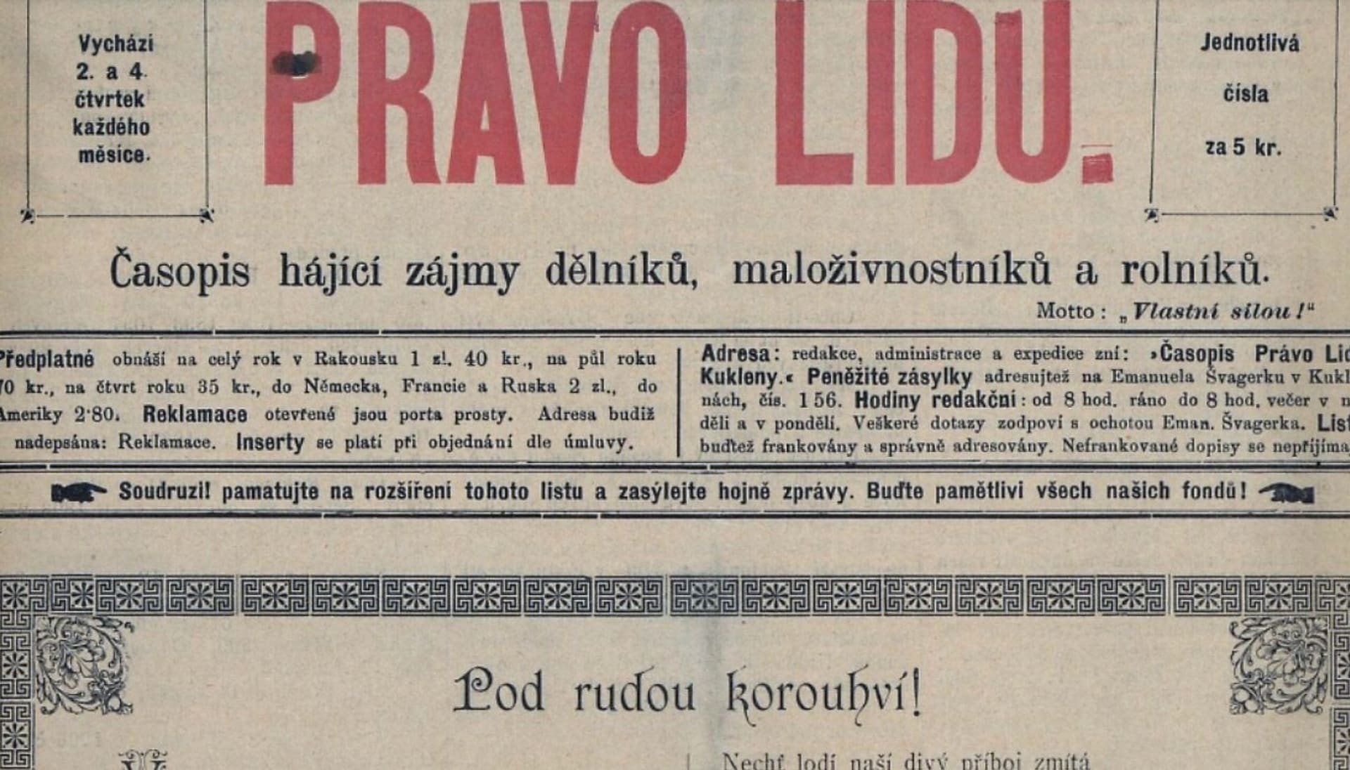 Právo lidu, noviny sociálnědemokratické strany, 1894.