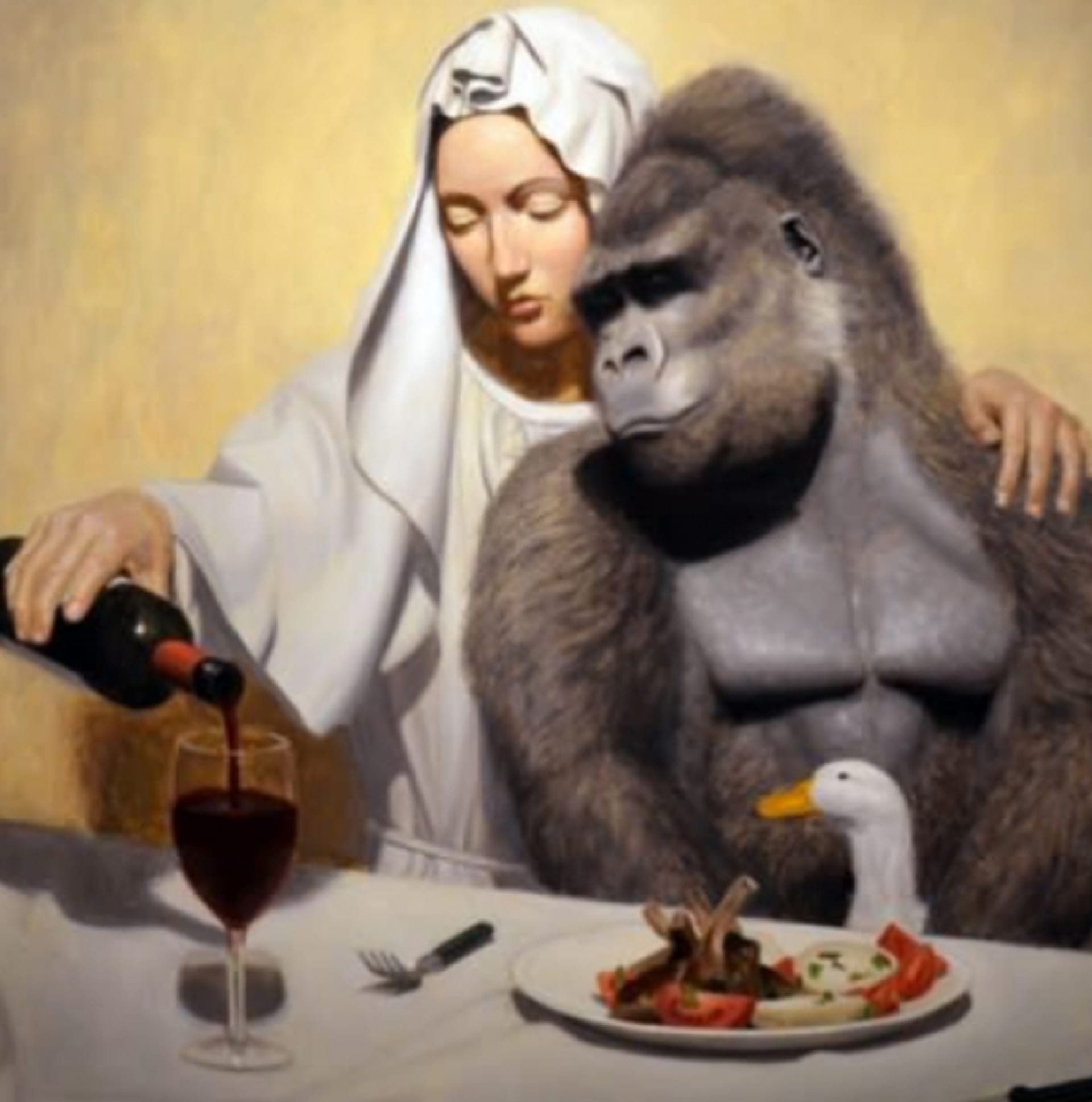 Spojení teorie stvoření a evoluce –panna Marie s opičákem to vystihují dost přesně. Nebo jde jen o důkaz, že i svatá Panna Marie měla někdy opici?