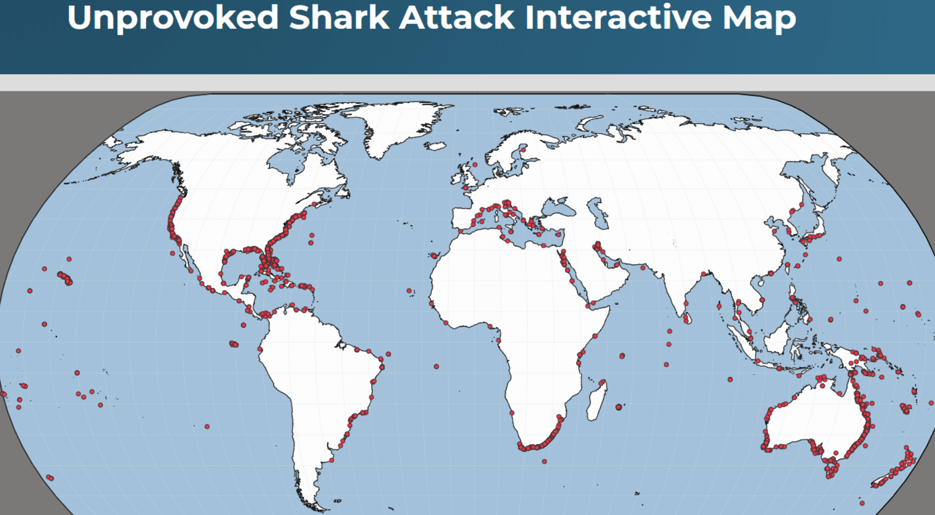Mapa zatím zaznamenaných nevyprovokovaných útoků žralokem