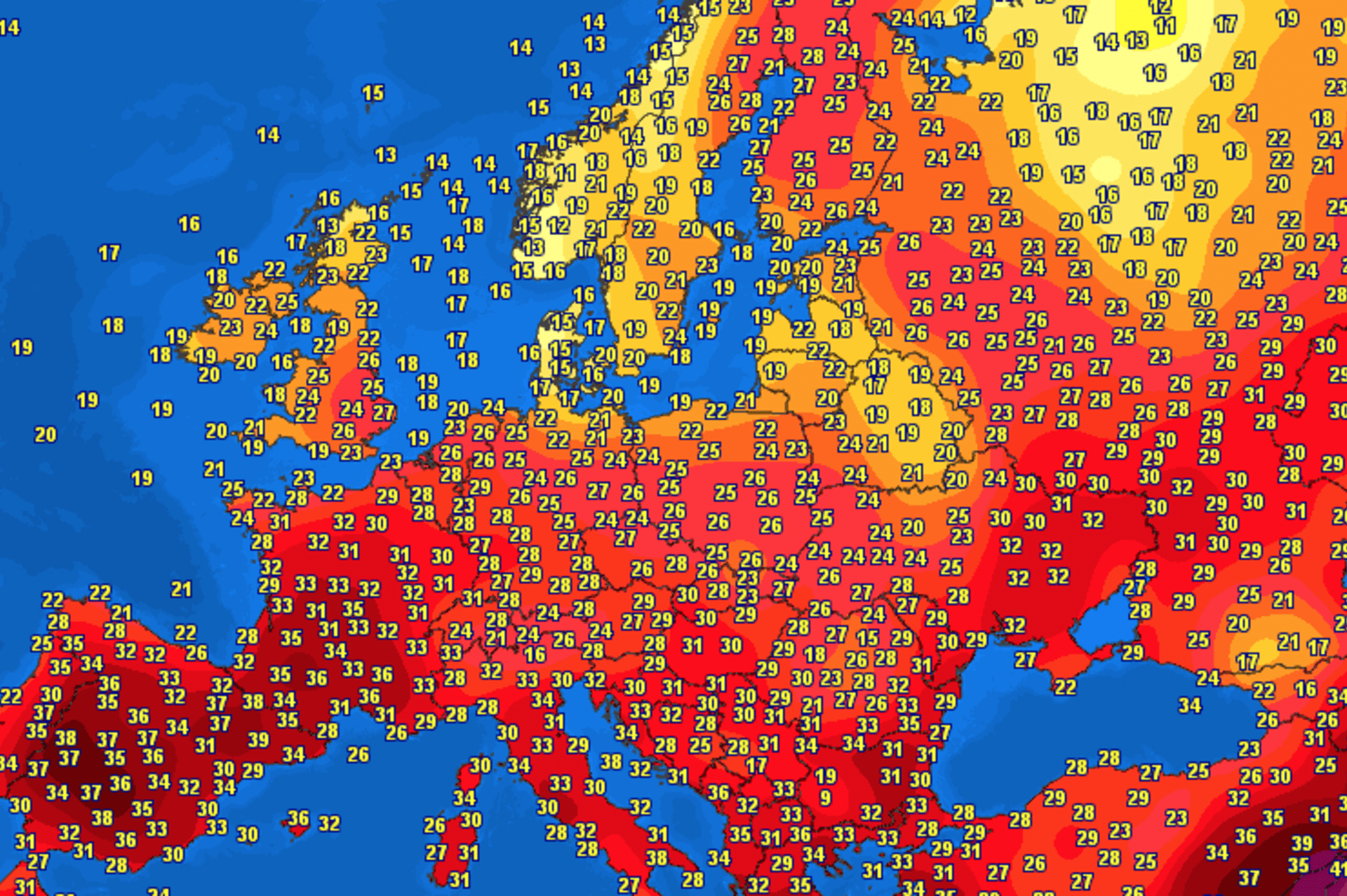 Pondělní teploty nad Evropou