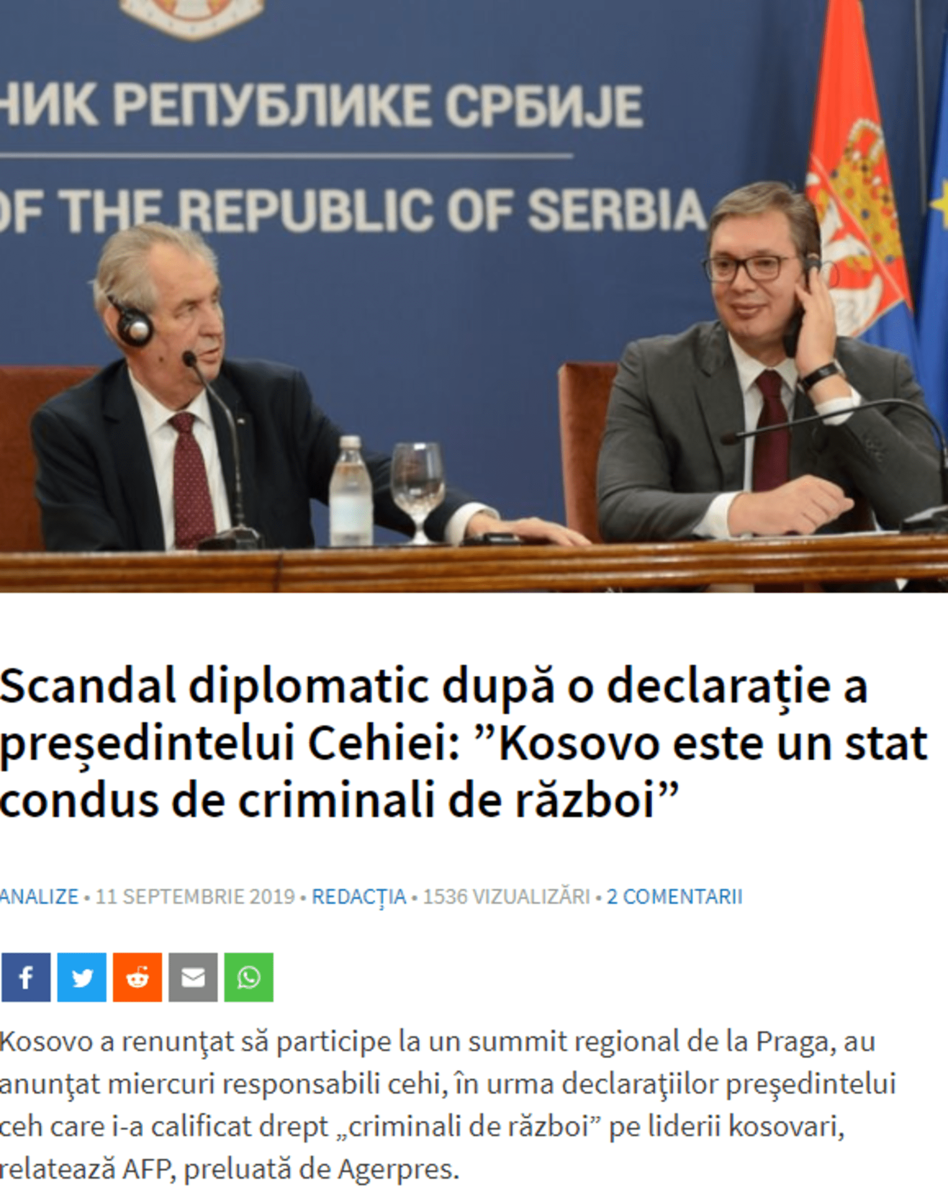 Rumunský server G4: Diplomatický skandál po prohlášení českého prezidenta: „Kosovo je stát vedený válečnými zločinci“
