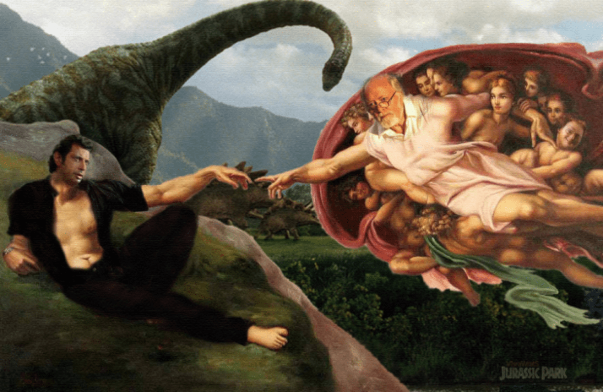 Michelangelovo Stvoření v trochu jiném hávu. Fanoušci Jurského parku jistě zajásají.