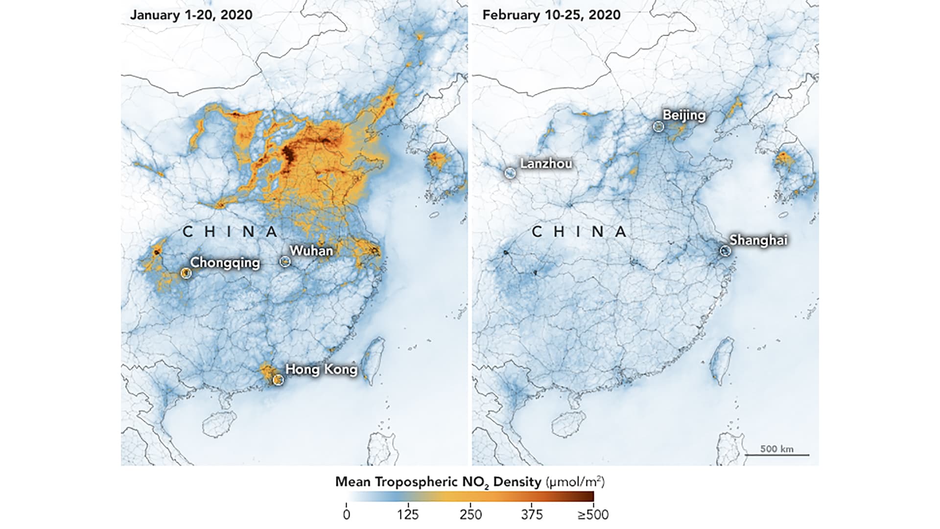 Satelitní záběry ukazují na výrazný pokles emisí oxidu dusičitého v Číně (vlevo záběry z letošního ledna, vpravo únorové)