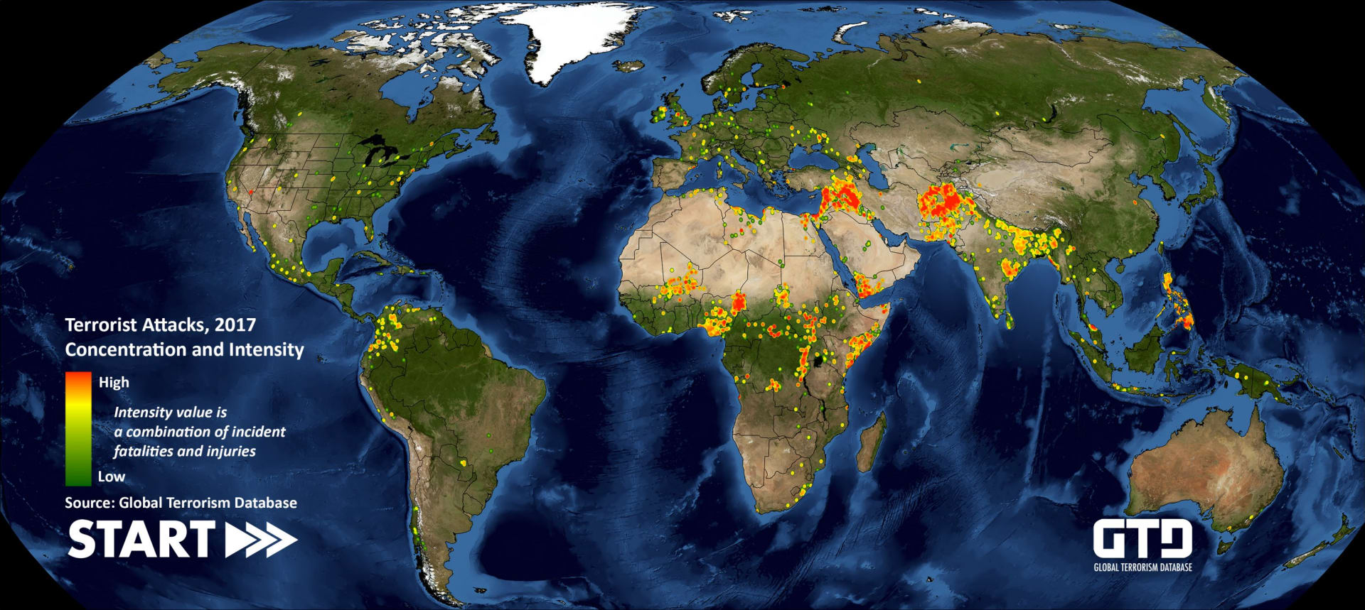 Mapa teroristických útoků v roce 2017 (Zdroj: GTD)
