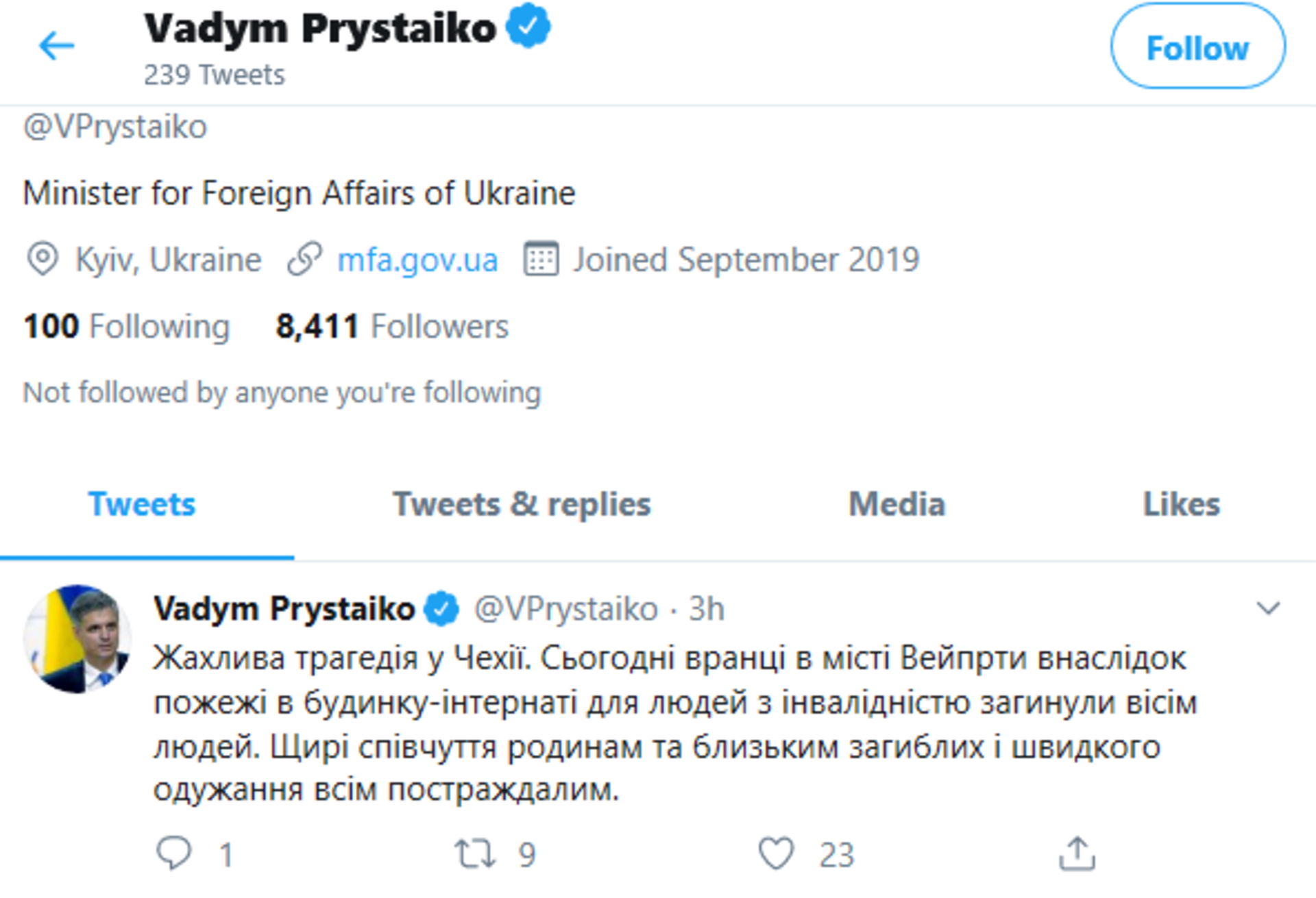 Vyjádření soustrasti Vadyma Prystajkova